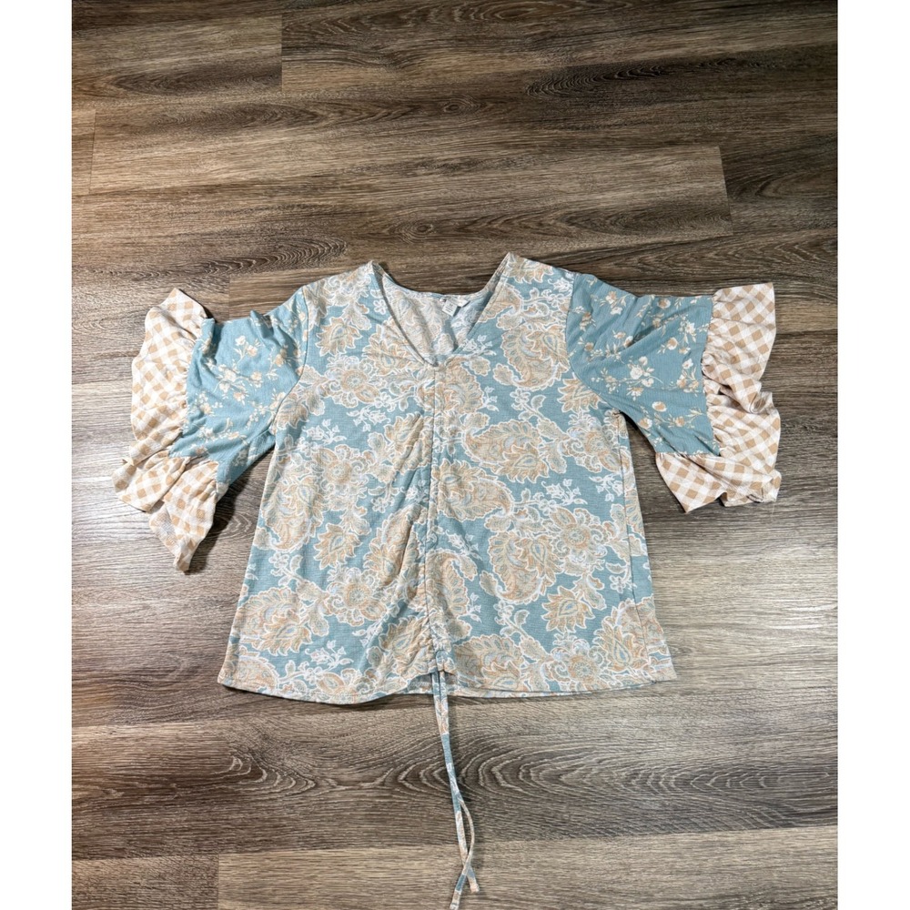 Cato Top Boho Paisley Floral Gingham Ruffle Bell Sleeve Blue Tan Ribbed Knit Med